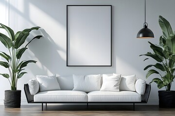 Blank white poster mockup in a modern living room with minimalist decor and clean lines. 3d rendering