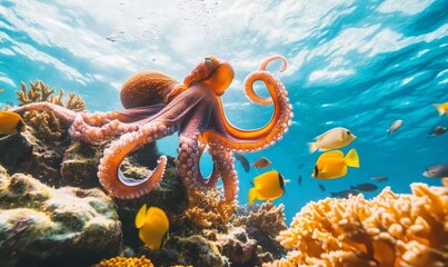 Wall Mural - Exploring a vibrant coral reef with a colorful octopus surrounded by playful fish in warm, clear tropical waters