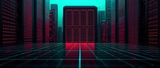 Poster - Futuristic data center with glowing servers in a grid pattern, neon colors and advanced technology.