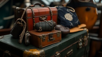 Vintage suitcases, a leather pouch, and other travel accessories stacked on top of each other.