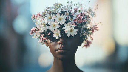 Poster - A serene depiction of a person with a head full of blooming flowers in a high-pressure environment, representing the balance between mental well-being and external stress, Urban setting