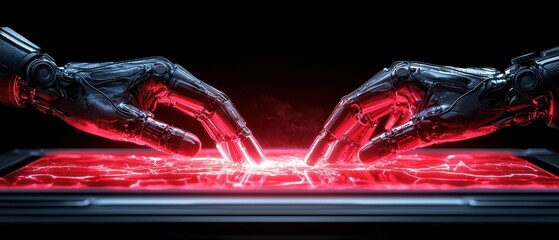 Poster - Futuristic robotic hands interacting with glowing interface, dark background.