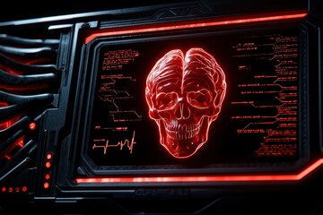 Poster - Futuristic skull hologram displayed on a high-tech screen with red neon lights.