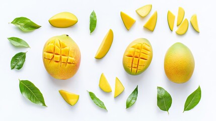 Poster - Ripe Mangoes Sliced and Arranged With Fresh Green Leaves on a Table Generative AI