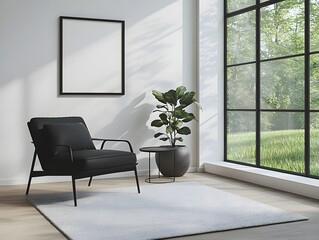  Blank white poster mockup in a modern living room with minimalist decor and clean lines. 3d rendering