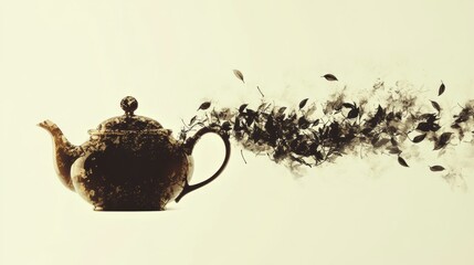 Poster - A teapot silhouette gracefully transitions into a cloud of tea leaves, illustrating the harmony between brewing and nature’s flavors. Generative AI