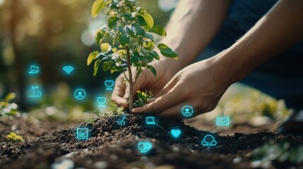 Fototapete - A serene image of a person planting a tree in a garden filled with floating social media icons, representing growth and personal development amidst digital distractions, Garden setting