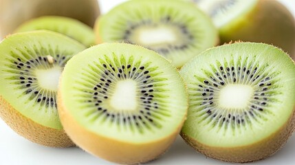 Freshly Sliced Juicy Kiwis Arranged Beautifully on a White Background Generative AI