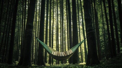 Poster - A serene image of a person relaxing in a hammock made of books, suspended between two towering trees, symbolizing the balance of leisure and knowledge in modern life