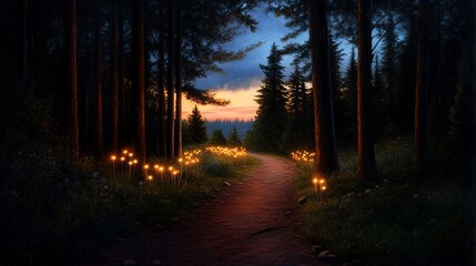 Poster - A winding path illuminated by glowing lights leads through a dark forest towards a distant sunset.