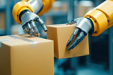 Poster - Robotic hands handling packages in a modern warehouse setting.