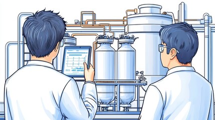 Poster - scientists examining data on a tablet in a laboratory environment with equipment.