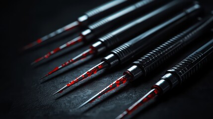 Set of black dart tips with red accents against a dark background.