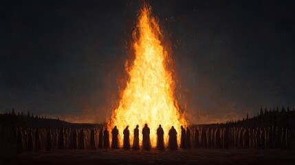 A group of silhouetted figures stands in front of a towering bonfire, creating a dramatic and mysterious atmosphere against a dark sky.