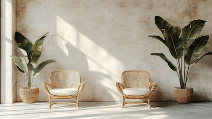 Wall Mural - Modern interior with two chairs and large plants.