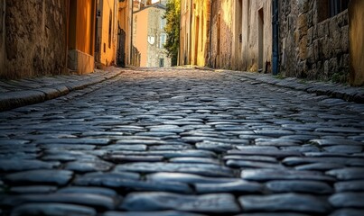 Cobblestone street in a historic European city in the south of France