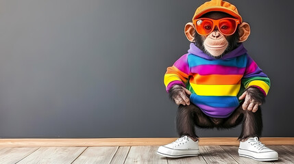 Monkey in sunglasses and a rainbow sweater on wooden floor. gay pride 