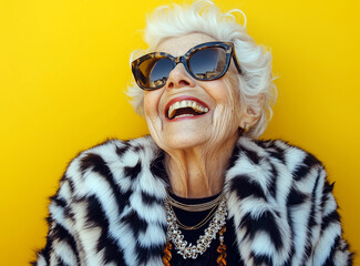 An elderly woman wearing black and white stripe fur dress and sunglasses warmly smiling against yellow background.