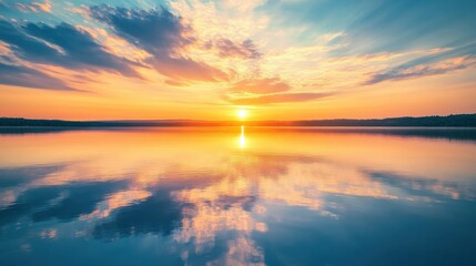 Poster - A serene sunset over a tranquil lake with reflections of colorful clouds, Nature contemplation theme, Peaceful style