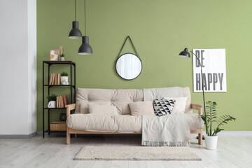 Poster - Cozy sofa, shelving unit and mirror in interior of living room