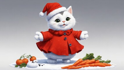 A whimsical winter scene featuring a festive cat wearing a red cape and holding carrots