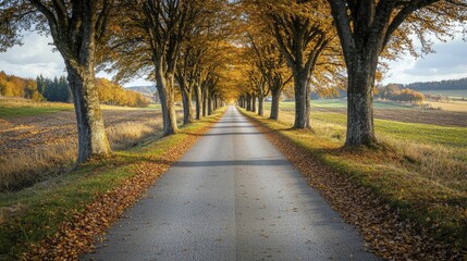 Poster - A serene rural lane bordered by autumn foliage, evoking feelings of love and unity, gentle golden tones, leaves strewn across the way, harmonious composition.