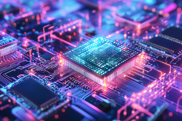 Poster - Vibrant colors highlight the intricate details of quantum computing components and their complex technology