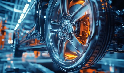 Close up of a car wheel in an indoor service maintenance and repair center surrounded by laser sensor equipment for diagnostics