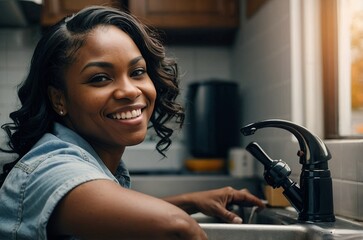 African American Woman as a Plumber Repair Sink.