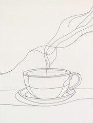 Poster - A minimalist line art design depicting a tea cup with gentle steam rising, symbolizing warmth and relaxation in a serene setting. Generative AI