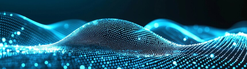 Poster - The concept of big data is illustrated with a curved abstract digital wave. Futuristic dark background with dynamic blue particles. Cyberspace concept illustrated with a linear animation.