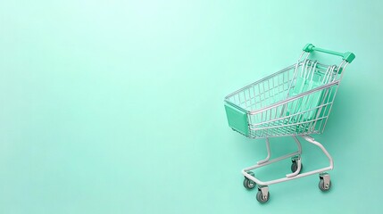 An image of a supermarket cart with a copy space for text or design. Shopaholism concept with a blue background. Top view or flat lay. Typical retail concept of a trolley with a discount, sale, and