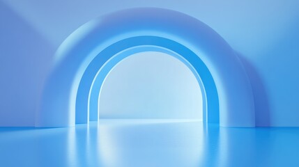 Poster - Blue circular arch cold water 3D render illustration Abstract digital backdrop featuring empty space Stage or platform for technology products Wavy structure shape and perspective path