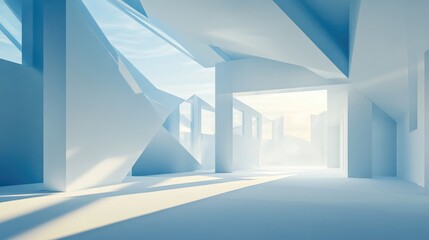 Poster - 3D rendering of an empty geometric room in sky blue tones featuring stunning lighting an ideal futuristic backdrop for product presentation