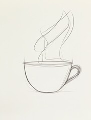 Poster - A delicate line art piece showcases a tea cup with gentle steam curling upward, symbolizing warmth and relaxation. Generative AI