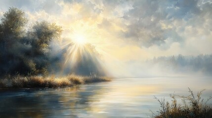 Oil painting depicting landscapes featuring sun rays and misty mornings showcasing beautiful natural scenery and serene atmosphere