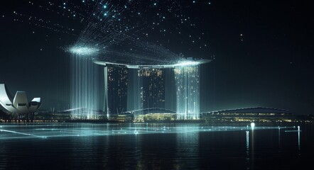 Poster - the concept of a smart city with a dot point connected with a gradient grid line, a connection techn
