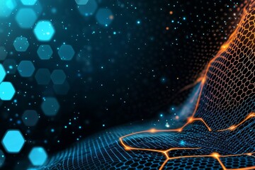 Poster - Using holograms of light and data this futuristic network background illustration creates a world of particle galaxy stars, cyberspace time, and light streams of data.