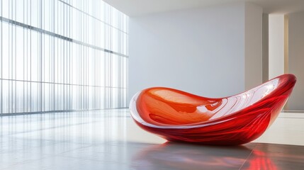 Poster - Abstract architectural interior featuring a smooth red glass sculpture with 3D illustration and rendering
