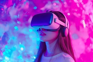 Poster - A collage photo generated by stock of a gamer using a gadget for virtual reality simulation