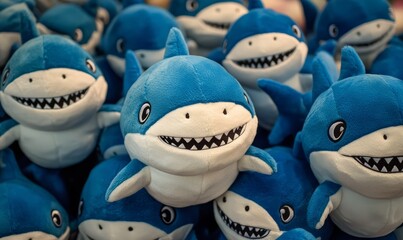 Wall Mural - Abundance of blue and white plush toy sharks