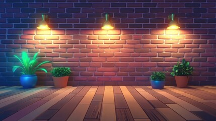 Poster - 3D rendering of a brick wall wooden flooring and lamps in the background