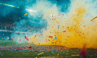 Wall Mural - Evening stadium arena soccer field championship win. Confetti and tinsel . Yellow toning. Wide angle smoke in blue and yellow background