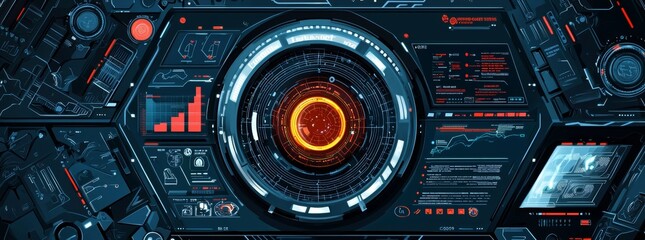 Poster - Digital futuristic cyberspace with an interface for the user and a HUD. A modern business background with graphs, charts, infographics, big data, indicators and business HUD. Economic background.