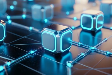 Poster - Background with abstract blue color and network concepts. 3D rendering, big data flow in cyber blockchain fields with stock, Stock.