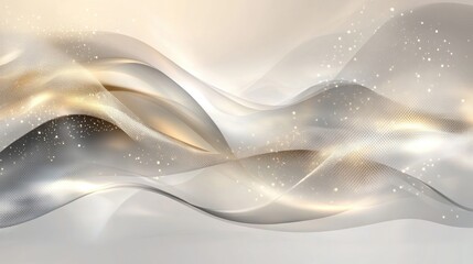 Poster - Elegant abstract wallpaper design in beige and gray tones featuring flashes of light and intertwining wavy lines over a backdrop of overlapping shapes and blended colors Vector illustration