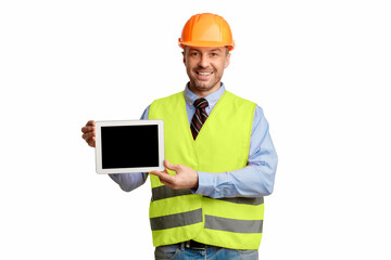 Poster - Construction Worker Holding Tablet With Blank Screen Advertising Building Industry Services Posing On White Background. Studio Shot, Mockup