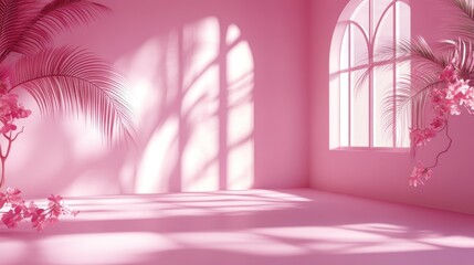 Poster - 3D rendering of an abstract pink color gradient studio background for product presentation featuring an empty room with shadows from windows flowers and palm leaves along with a blurred backdrop