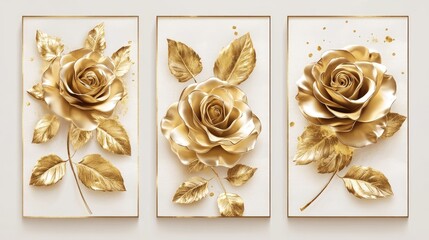 Poster - Luxury gold rose wallpaper design featuring three pieces Elegant golden flowers with a shimmering texture and leaves Contemporary wall mural art on a white background with golden accents Vector il