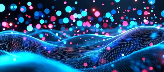Poster - Abstract background with neon wave lines and bokeh lights for futuristic data transfer wallpaper.